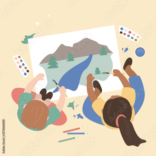Two talented children sitting on floor together, passionately painting mountain landscape with blue river and green trees using bright paints and brushes. Kids developmen