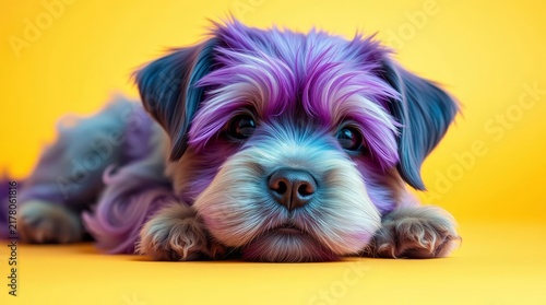 purple and blue cute dog on yellow background