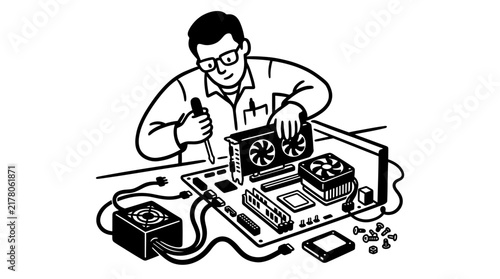 Technician building pc and installing gpu vector line art graphic