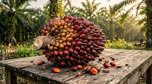 Fresh palm oil fruit bunch with scattered seeds on a wooden table in a plantation with palm trees and sunlight, agriculture and food industry.