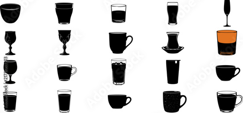 Vector set of various drinking glass and cup silhouettes isolated on transparent background Collection