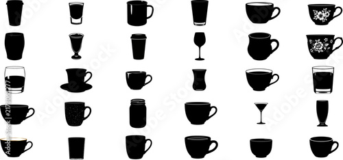 Silhouette collection of different cups mugs and glasses isolated on transparent background