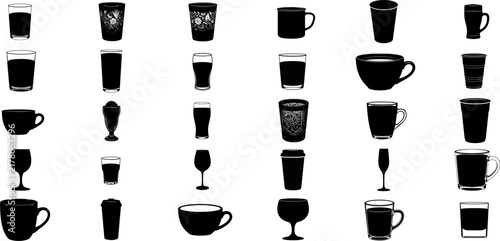 Set of drinkware silhouettes including cups mugs and glasses collection on transparent background