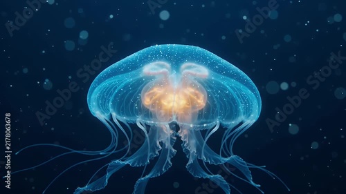 Glowing jellyfish swimming in deep blue ocean water