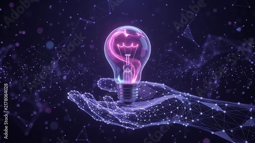 Digital light bulb held by futuristic wireframe hand