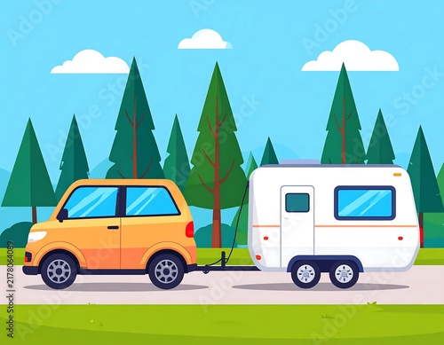 Colorful camper van parked in green forest clearing.