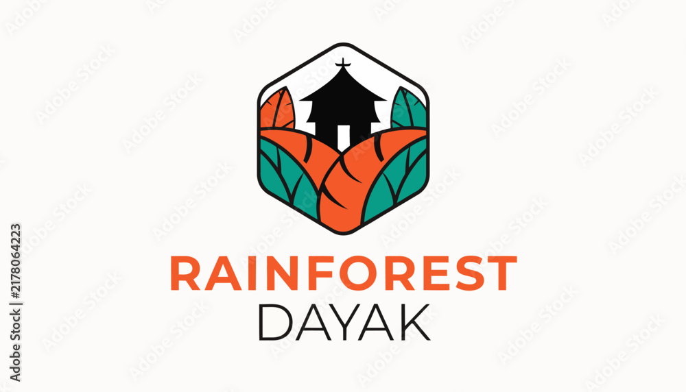 Fototapeta premium Rainforest Dayak logo, church in hexagon with leaves