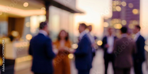 A blurred image of a group of people socializing at an evening event on a rooftop, with a vibrant sunset and city skyline in the background.