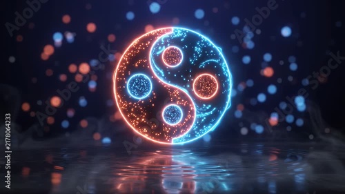 Glowing neon yin yang symbol with particles animation