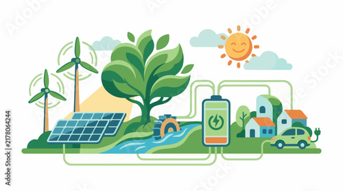 Sustainable energy sources power a clean modern village and electric car