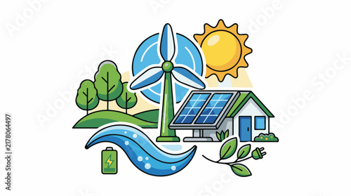 Sustainable energy sources power a green modern home in a vibrant landscape