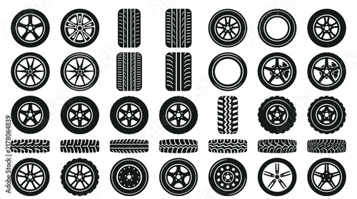 Assorted car tires and wheel rims set in black and white illustrating different treads and rim designs for automotive wheels and