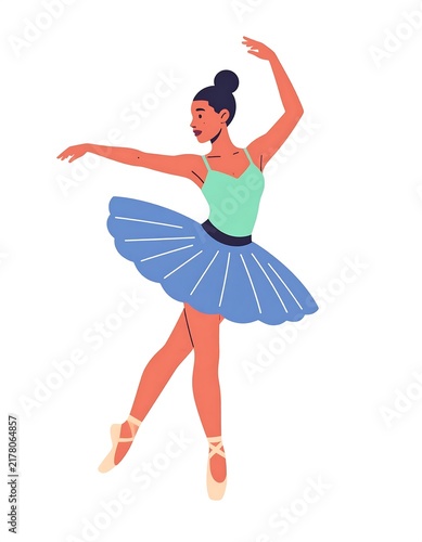 Young girl performing ballet dance leap in studio.