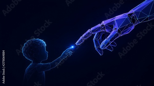 Abstract glowing digital wireframe hands reaching out to each other representing hope. childhood cancer with wireframe connection futuristic technology particles. childhood cancer