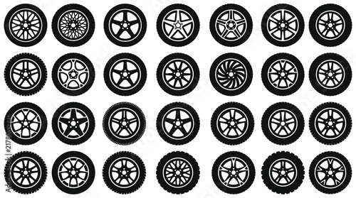 Collection of various black and white car wheels and rims showcasing different designs and styles arranged in an organized grid