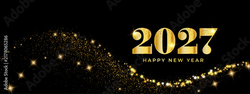 Black backdrop with gold 2027 numeral and Happy New Year text. Glitter dust particles, bokeh sparkle flares, wave trail in luxury pattern. Vector glow effect. Banner for festive holiday card