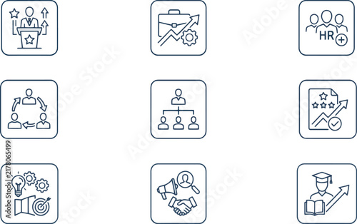 Naklejka Corporate Management and HR Vector Icon Set: Minimalist Flat Business Teamwork and Leadership Symbols Grid