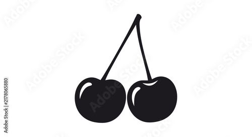 Two black cherries with stems on white background with simple black graphic illustration symbols clipart healthy eating fruit icon food with diet