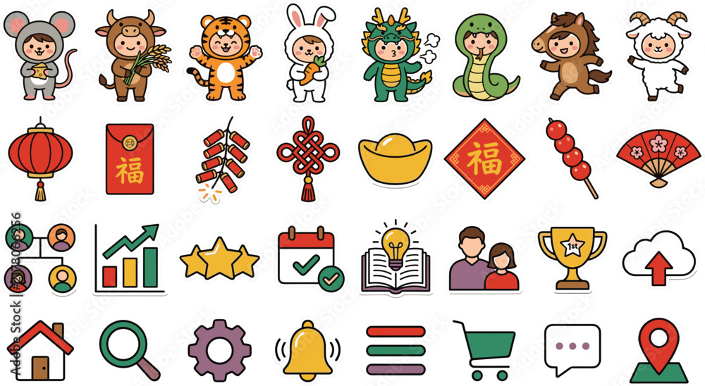 Fototapeta premium Chinese New Year Zodiac Animals and Business Analytics Icon Set with Cute Costumed Kids Spring Festival Decorations Growth Charts and Web UI Navigation Outline Symbols
