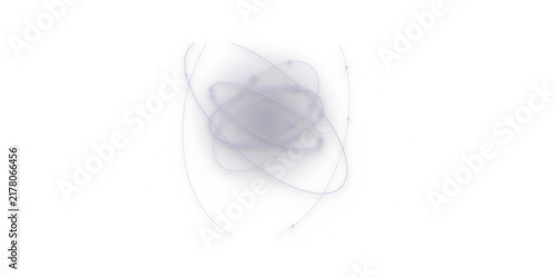 Obraz na płótnie Abstract atom model with purple orbital rings, scientific particle physics conce