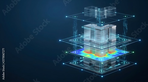 3D architectural digital twin model with exploded isometric layers, blueprint wireframe, and energy heatmap analysis on blue background