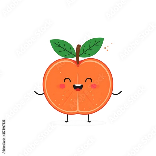 Cartoon orange pumpkin with happy face and green leaves.