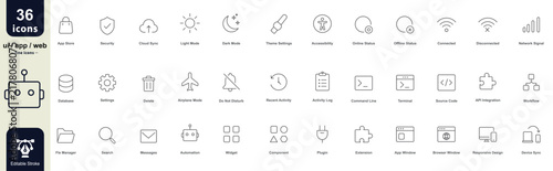 editable stroke vector set, web icon line style, interface technology and web line icons includin settings, security, cloud sync, Editable stroke