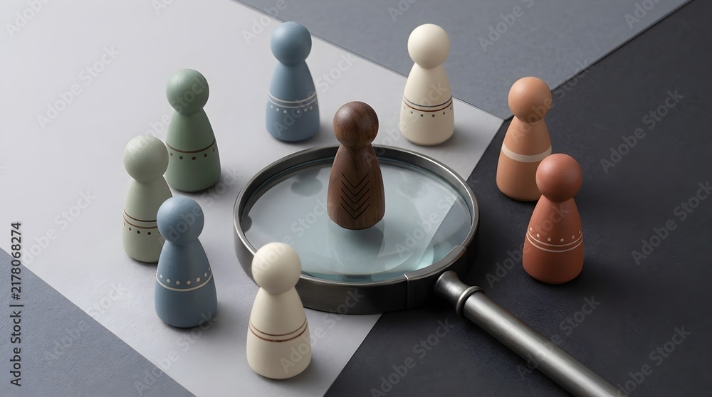 Obraz premium Wooden peg dolls arranged around a magnifying glass representing leadership recruitment corporate talent search and human resources management selection process