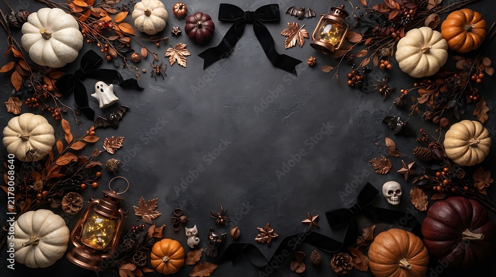 Obraz premium Halloween themed flat lay with pumpkins and autumn decorations