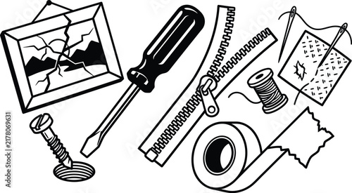 Objects representing repair vector line art with broken frame and tools