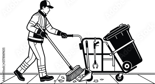 Municipal street cleaner worker sweeping with cart vector line art