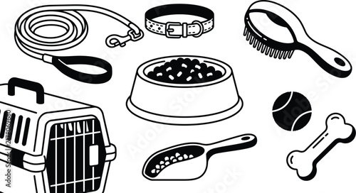 Pet care essentials vector line art with carrier, food bowl, and leash