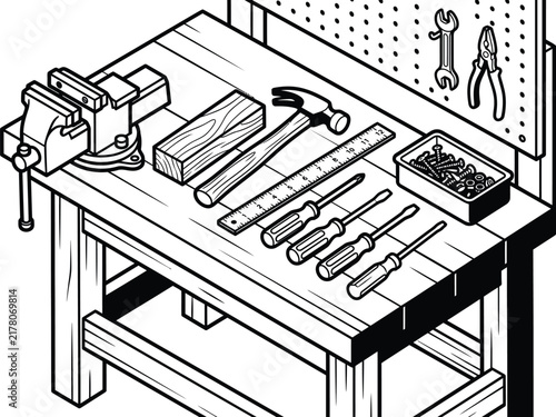 Workshop workbench vector line art with vise, hammer, and hand tools