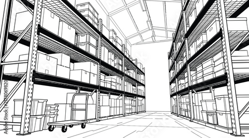 Warehouse interior vector line art with storage shelves and cardboard boxes