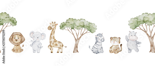 Watercolor seamless border with cute african animals. Safari pattern of giraffe, lion, zebra, elephant, hippo and acacia tree. Hand drawn kids fabric and textile, nursery.