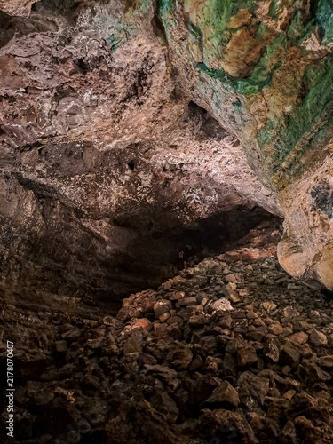 Interior of the historic Cueva de los Verdes lava tube cave with volcanic rock formations in Lanzarote, Canary Islands, Spain