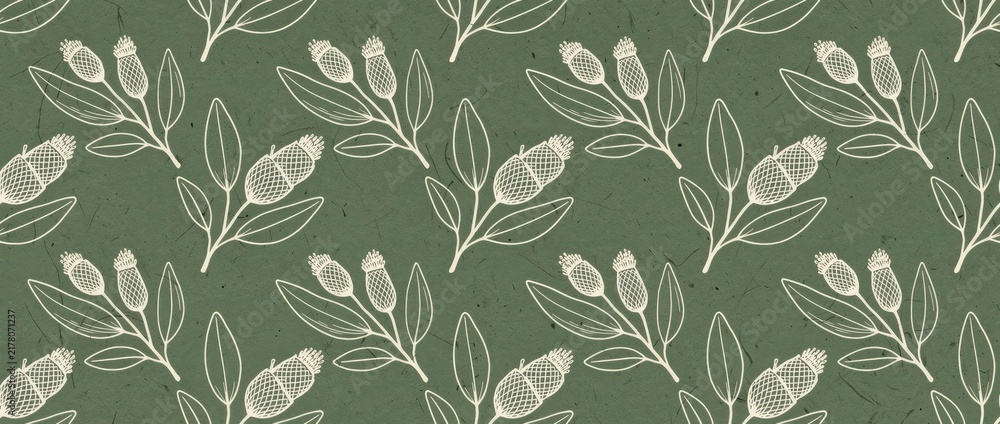 Seamless botanical pattern with hand-drawn floral buds on green background. Minimalist line art design with a vintage textured finish. Elegant nature backdrop for eco-friendly branding and textiles.