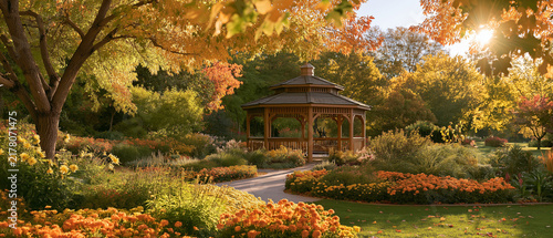 Autumnal Garden Serenity: A picturesque gazebo nestled amidst a vibrant garden ablaze with the fiery hues of autumn foliage, bathed in the soft, golden light of a sunlit afternoon.