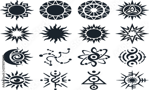Obraz na plátne Black Silhouette Mystical Celestial Symbol Set with Tribal Sunbursts Crescent Mo