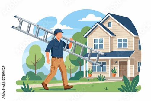 Home HVAC Technician Carrying Ladder to Residential House