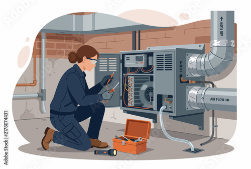 Professional Female HVAC Technician Inspecting Home Heating System