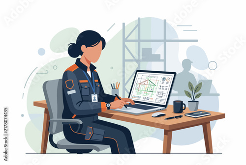 HVAC Technician Analyzing Home System Blueprint on Laptop
