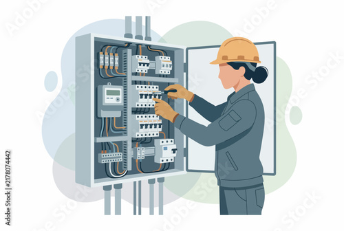 HVAC Technician Inspecting Home Electrical Panel and Circuit Breaker