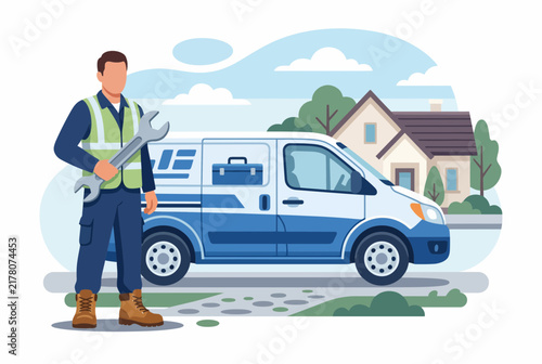 Professional HVAC Service Technician with Van and House Vector