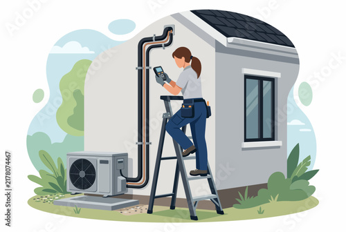 Female Technician Inspecting Outdoor HVAC System for Residential Home