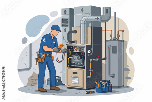 Professional HVAC Technician Inspecting Residential Heating System