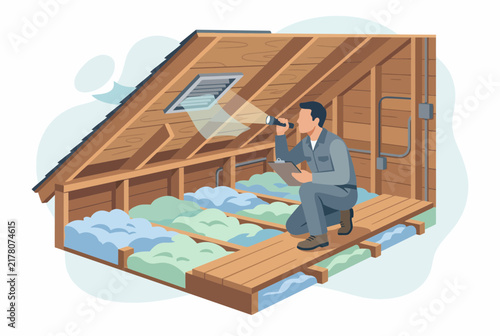 Isometric Home HVAC Attic Inspection with Technician and Flashlight