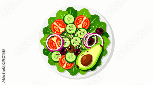 Healthy Fresh Vegetable Salad with Avocado and Olives - Top View Illustration