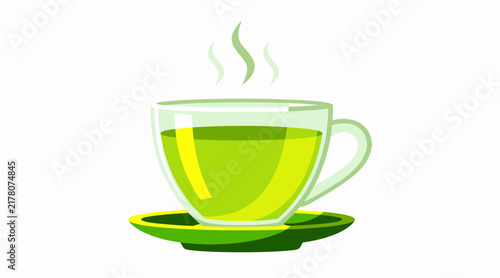 hot green tea in a glass cup on a saucer