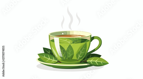hot green tea in a cup with leaves